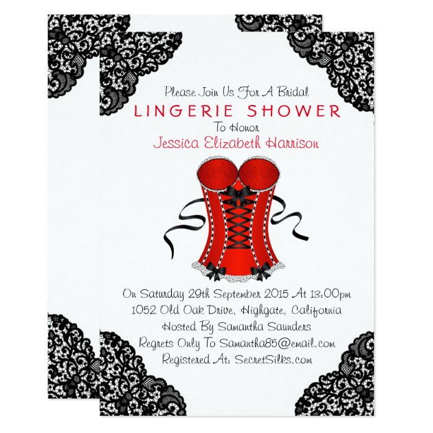 Red Corset & Black Lace Lingerie Shower Invitation