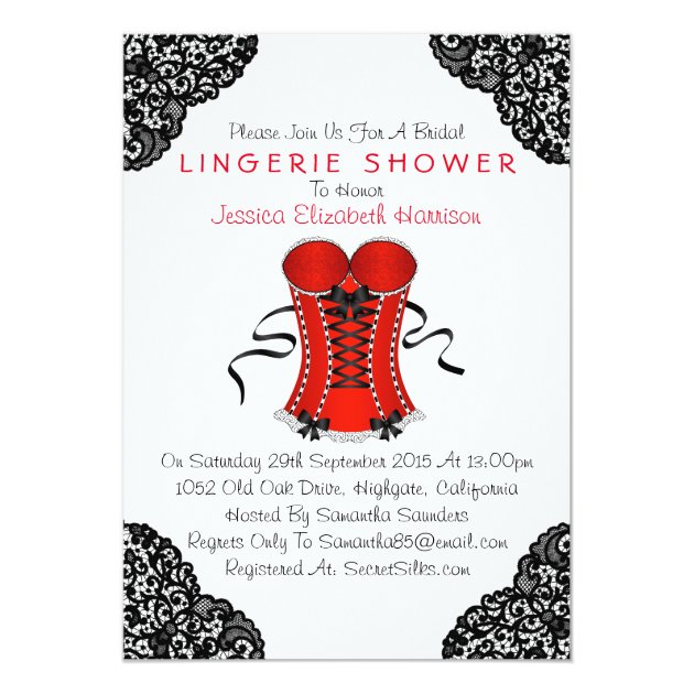 Red Corset & Black Lace Lingerie Shower Invitation