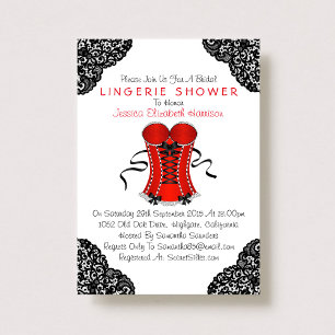 Red Corset & Black Lace Lingerie Shower Invitation