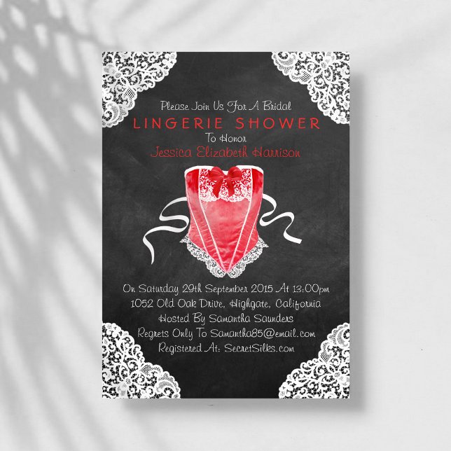 Red Corset White Lace Chalkboard Lingerie Shower Invitation (Creator Uploaded)