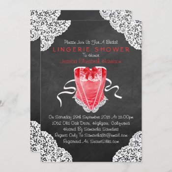 Red Corset White Lace Chalkboard Lingerie Shower Invitation by Invitation_Republic at Zazzle