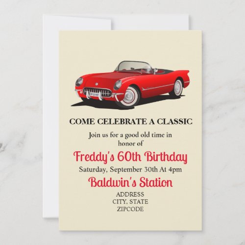 Red corvette classic birthday Corvette birthday Invitation