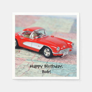 red corvette sports car on road map-Birthday Napkins