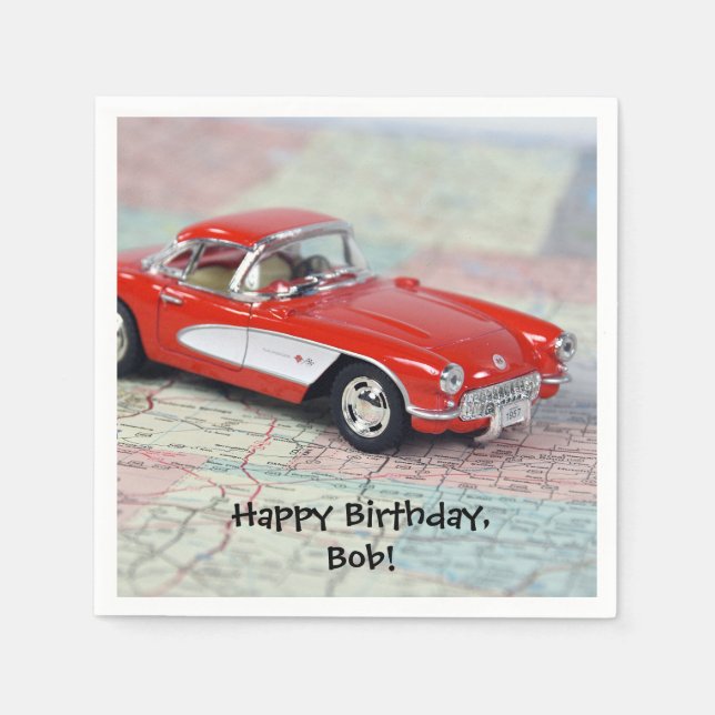red corvette sports car on road map-Birthday Napkins (Front)