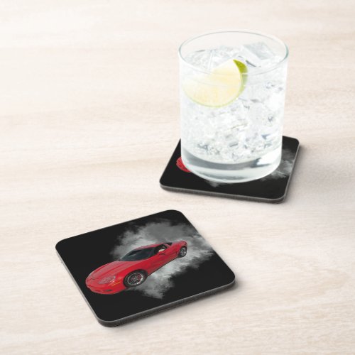 Red Corvette with Grey smoke removable background Beverage Coaster