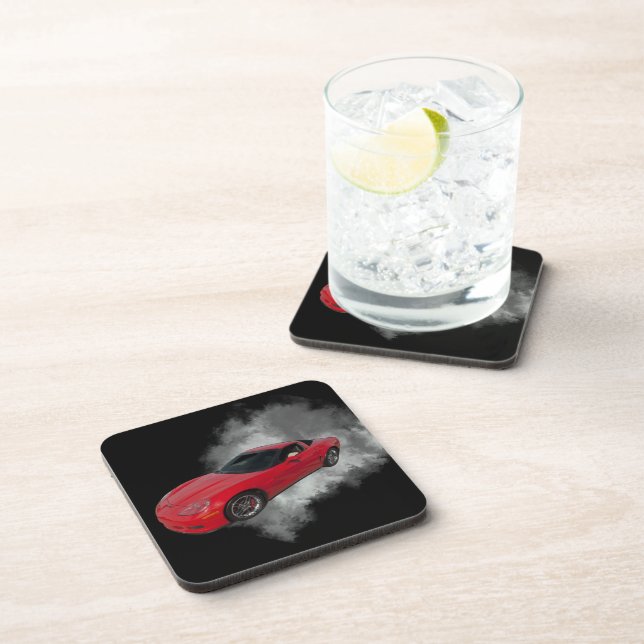 Red Corvette with Grey smoke removable background Beverage Coaster (Right Side)