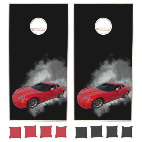 Red Corvette with Grey smoke removable background Cornhole Set