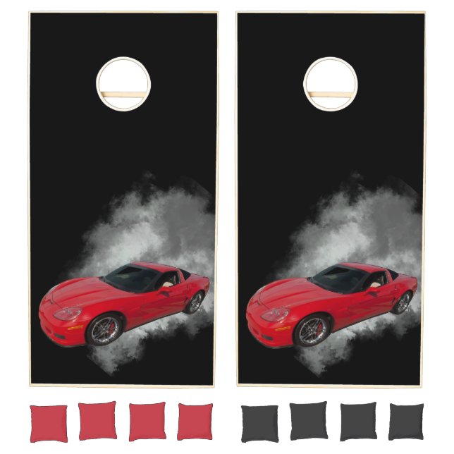 Red Corvette with Grey smoke removable background Cornhole Set (Set)