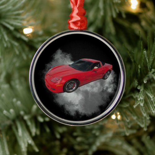 Red Corvette with Grey smoke removable background Metal Ornament