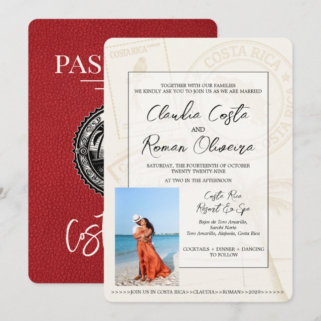 Red Costa Rica Passport Wedding Invitation (Front/Back)