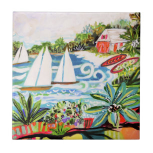 Red Cottage by the Bay II Ceramic Tile
