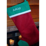 Red Cotton with Green Cuff Christmas Stocking<br><div class="desc">The stocking has red body with green top,  green toe and thin white bar separating top of stocking from bottom. The personalization on this stocking is done in white. Santa will certainly be able to find this beautiful Christmas stocking.</div>