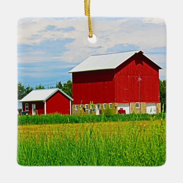 Red Country Barn and Pasture Ceramic Ornament (Front)
