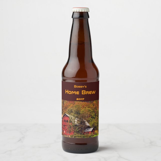 Red Country Barn with Autumn Foliage Beer Label (Front)