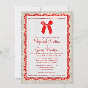 Red Country Burlap Wedding Invitations by topinvitations at Zazzle