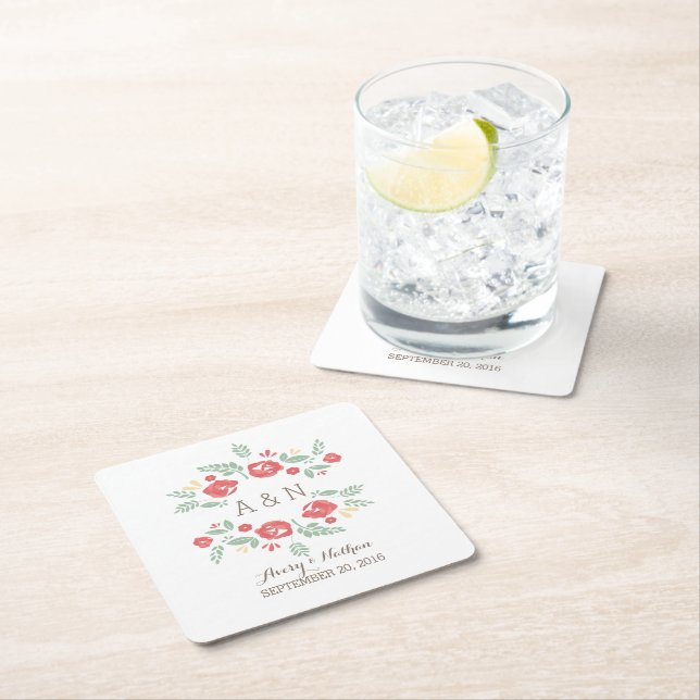 Red Country Floral Monogram Paper Coasters (Insitu)