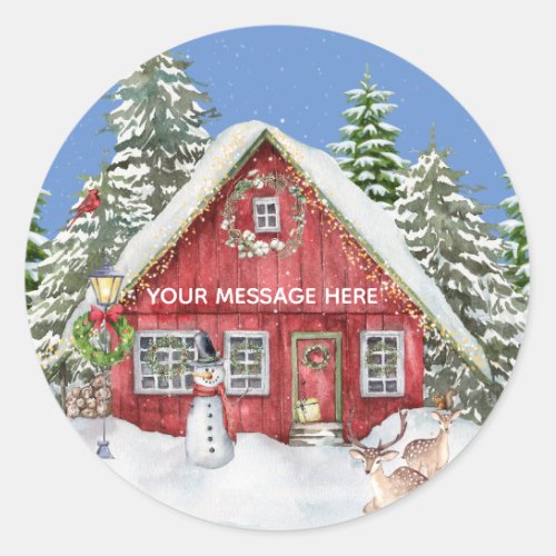 Red Country House Snow Christmas Scene Name Classic Round Sticker