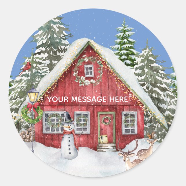 Red Country House Snow Christmas Scene Name Classic Round Sticker (Front)