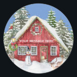 Red Country House Snow Christmas Scene Name Classic Round Sticker<br><div class="desc">The perfect Christmas scene -- snow falling; snow covered trees; the house decorated with lights; a snowman in front; deer out front. For yourself or very special as a gift. Personalize the message as you wish. Any design issues or questions, just email: charmdesignstudio@rcn.com and we will be delighted to assist....</div>