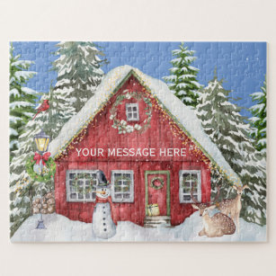 Red Country House Snow Holiday Scene Personalized Jigsaw Puzzle