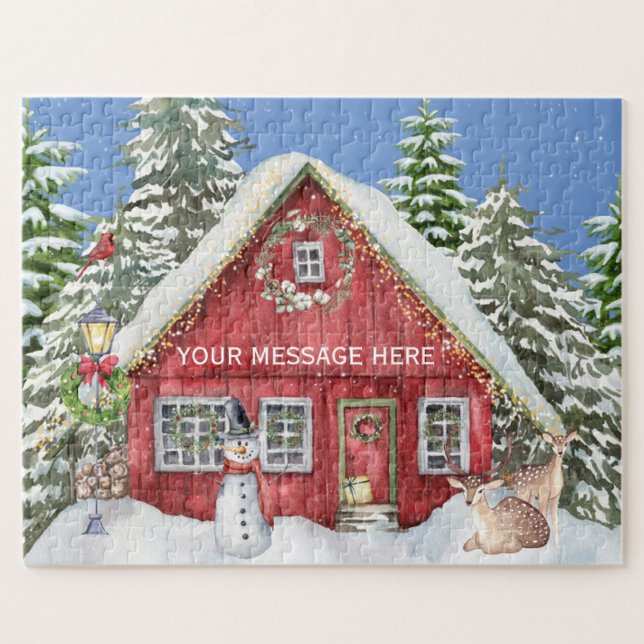 Red Country House Snow Holiday Scene Personalized Jigsaw Puzzle (Creator Uploaded)