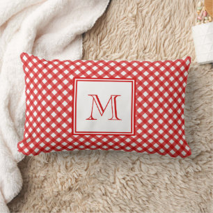 Red Country Style Gingham Pattern Monogram Lumbar Pillow