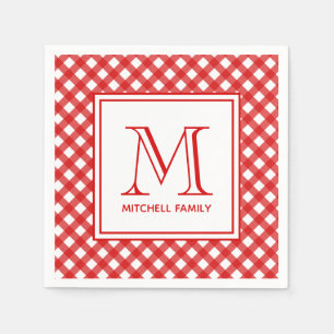 Red Country Style Gingham Pattern Monogrammed Napkins