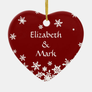 Red Couple Name Year Christmas Snowflake Heart Ceramic Ornament