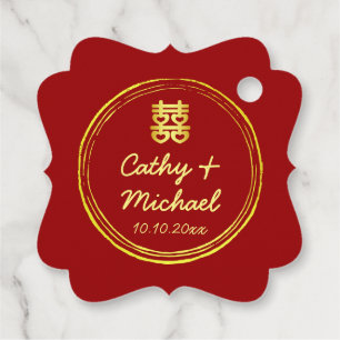 Red Couple photo Chinese wedding stamp logo Favor Tags