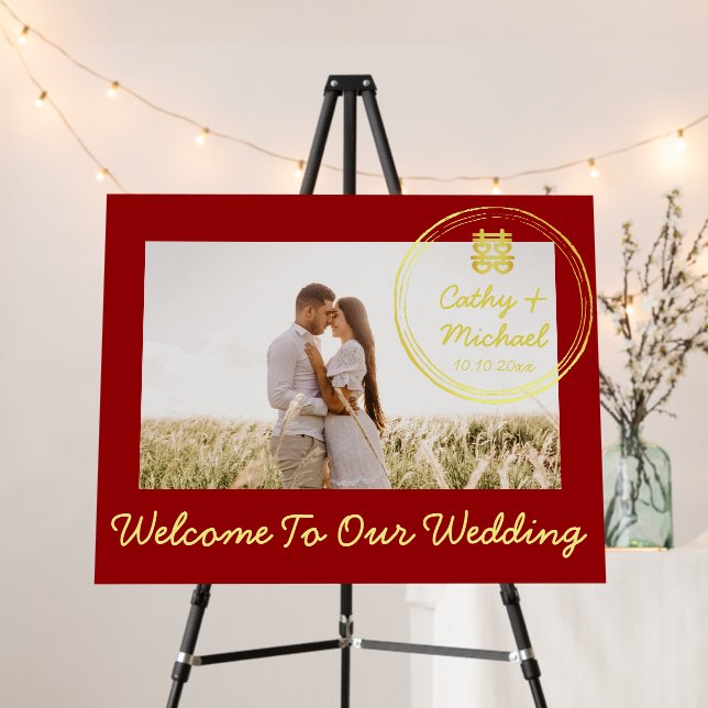 Red Couple photo Chinese wedding welcome sign (In Situ (Stand))