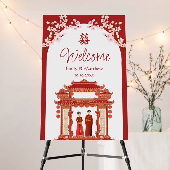 Red couple temple floral  Chinese wedding welcome Foam Board (In Situ (Stand))
