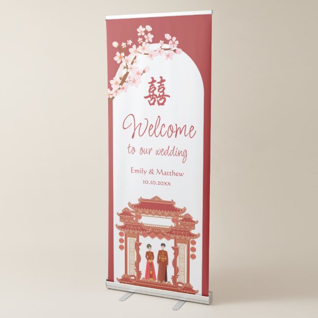 Red couple temple floral  Chinese wedding welcome Retractable Banner (3/4)