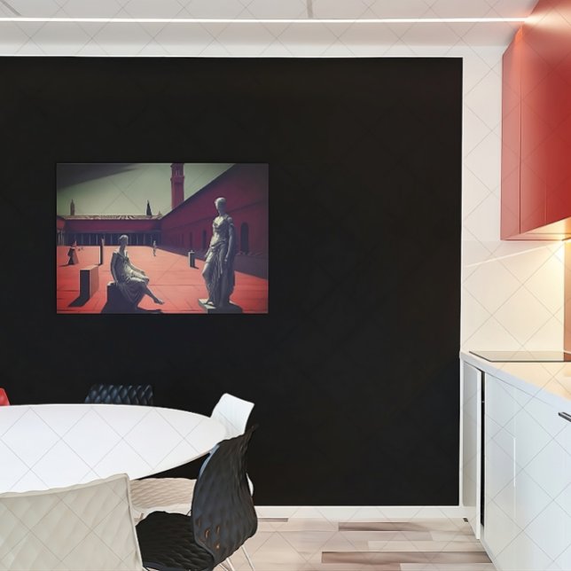 Red Courtyard with Statues | Metaphysical Art Poster (Creator Uploaded)