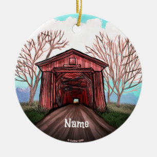 Red Covered Bridge Ceramic Ornament