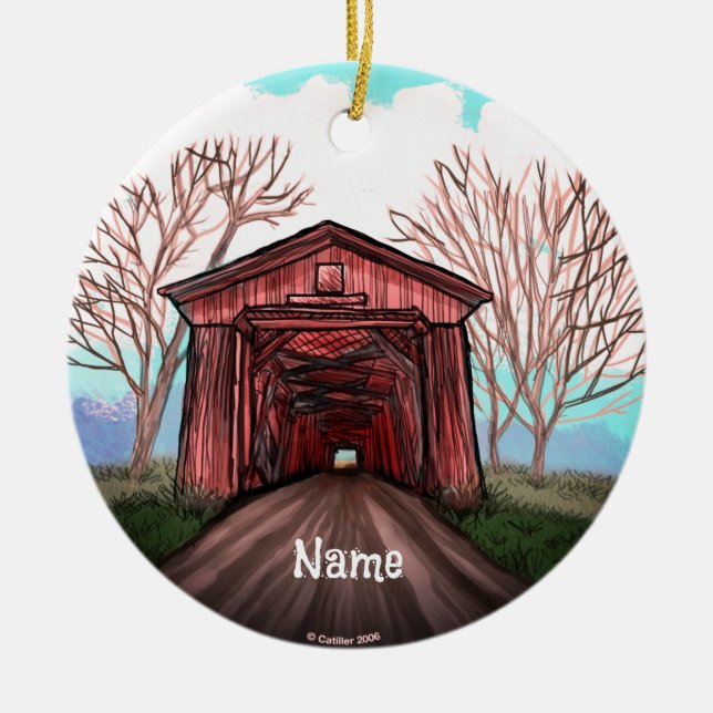 Red Covered Bridge Ceramic Ornament (Front)