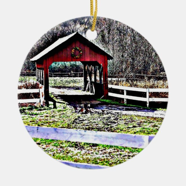Red Covered Bridge Landscape Ceramic Ornament (Front)