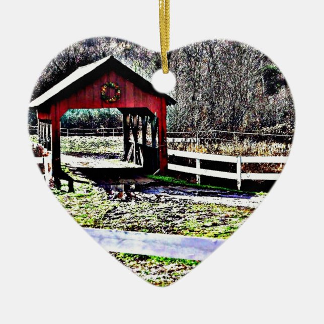 Red Covered Bridge Landscape Ceramic Ornament (Front)