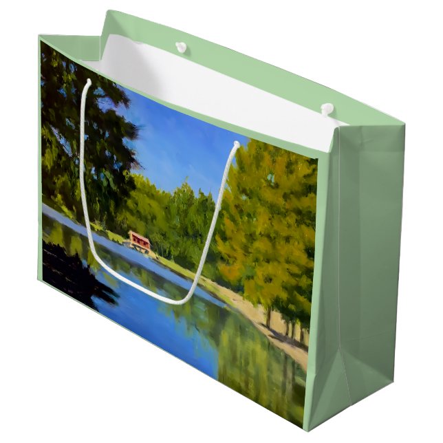 Red Covered Bridge on Serene Lake in Yellow Blue Large Gift Bag (Front Angled)
