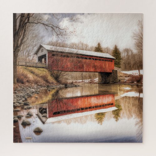 Red covered bridge over river puzzle