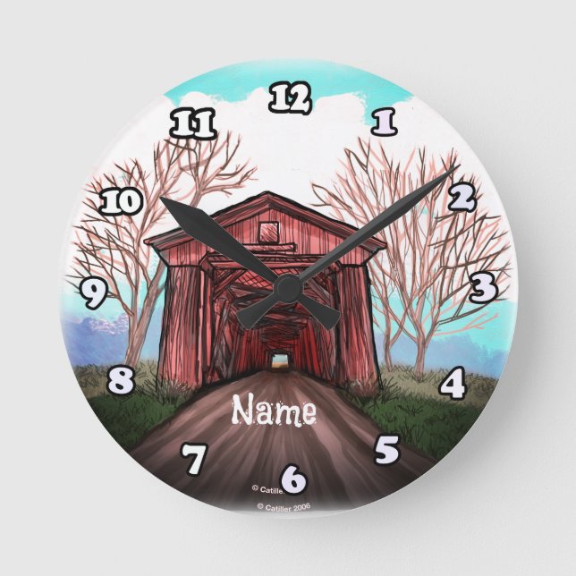 Red Covered Bridge Round Clock (Front)