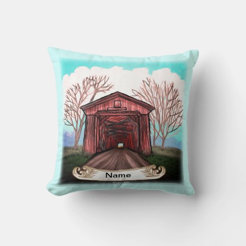 Red Covered Bridge Throw Pillow