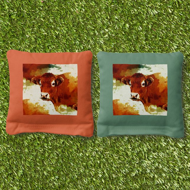 Red Cow Painting  Cornhole Bags (Grass)