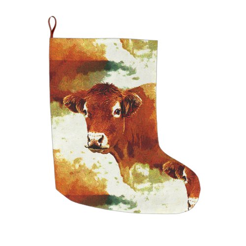 Red Cow Painting Large Christmas Stocking
