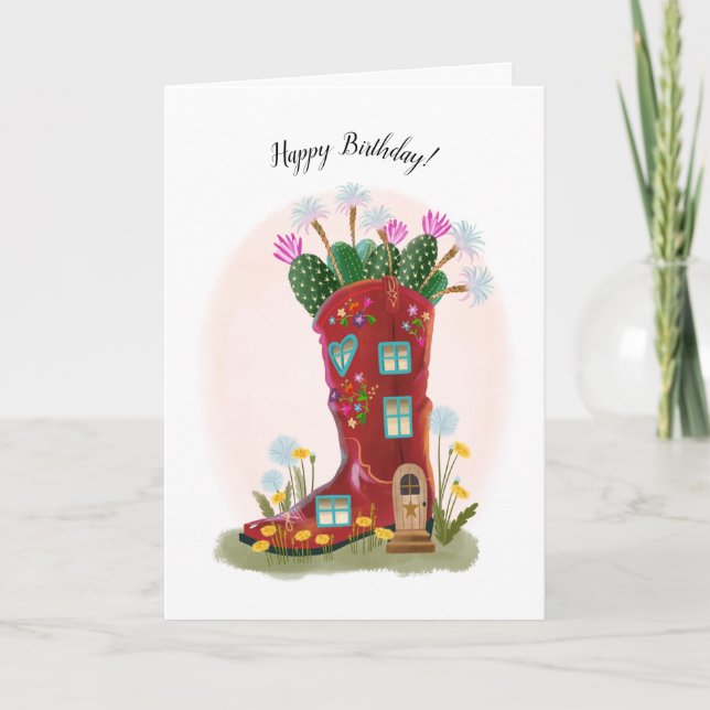 Red Cowboy Boot and Cactus Birthday Card (Front)