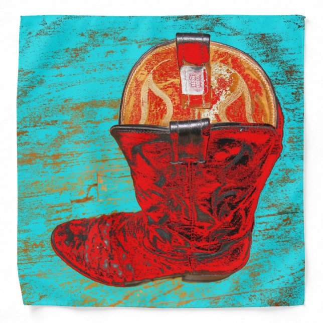 Red Cowboy Boot on Distressed Turquoise Bandana (Front)