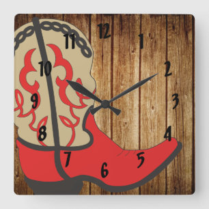 Red Cowboy Boot Square Wall Clock