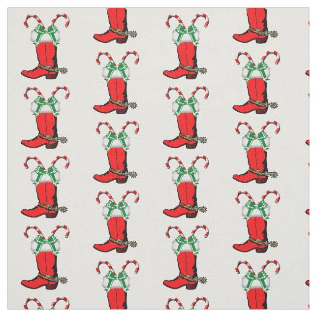 Red Cowboy Boots And Candy Canes Holiday Fabric (Swatch)