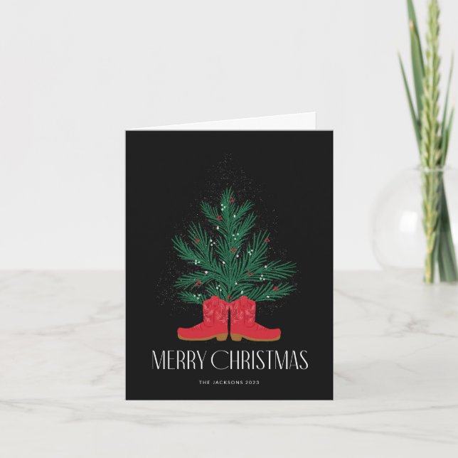Red Cowboy Boots and Spruce Merry Christmas Card (Front)