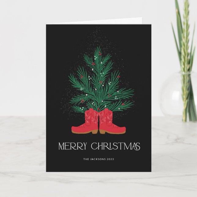 Red Cowboy Boots and Spruce Merry Christmas Card (Front)