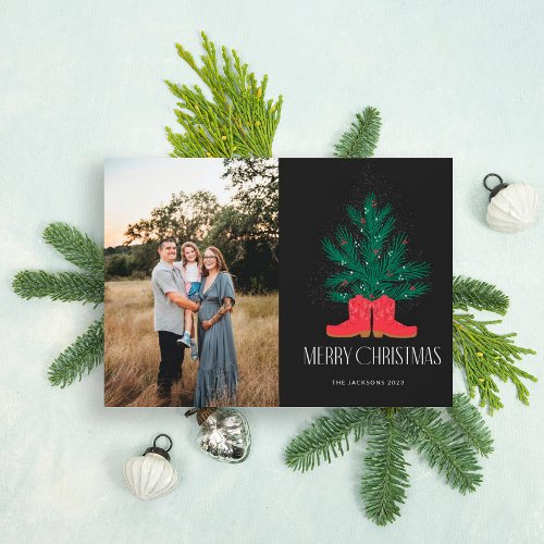 Red Cowboy Boots and Spruce Merry Christmas Holiday Card